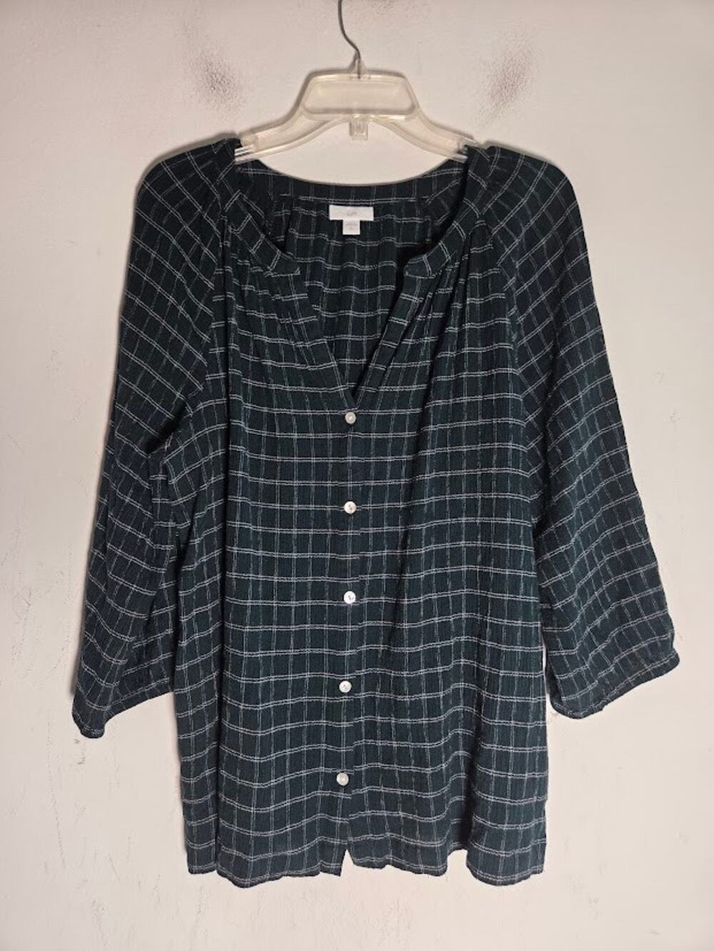 J.Jill Dark Green Cream Plaid Cotton Textured Collarless Button Up Blouse Large